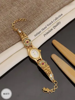 Gold-Plated White Dial Antique Hand Watch With Floral Gemstone