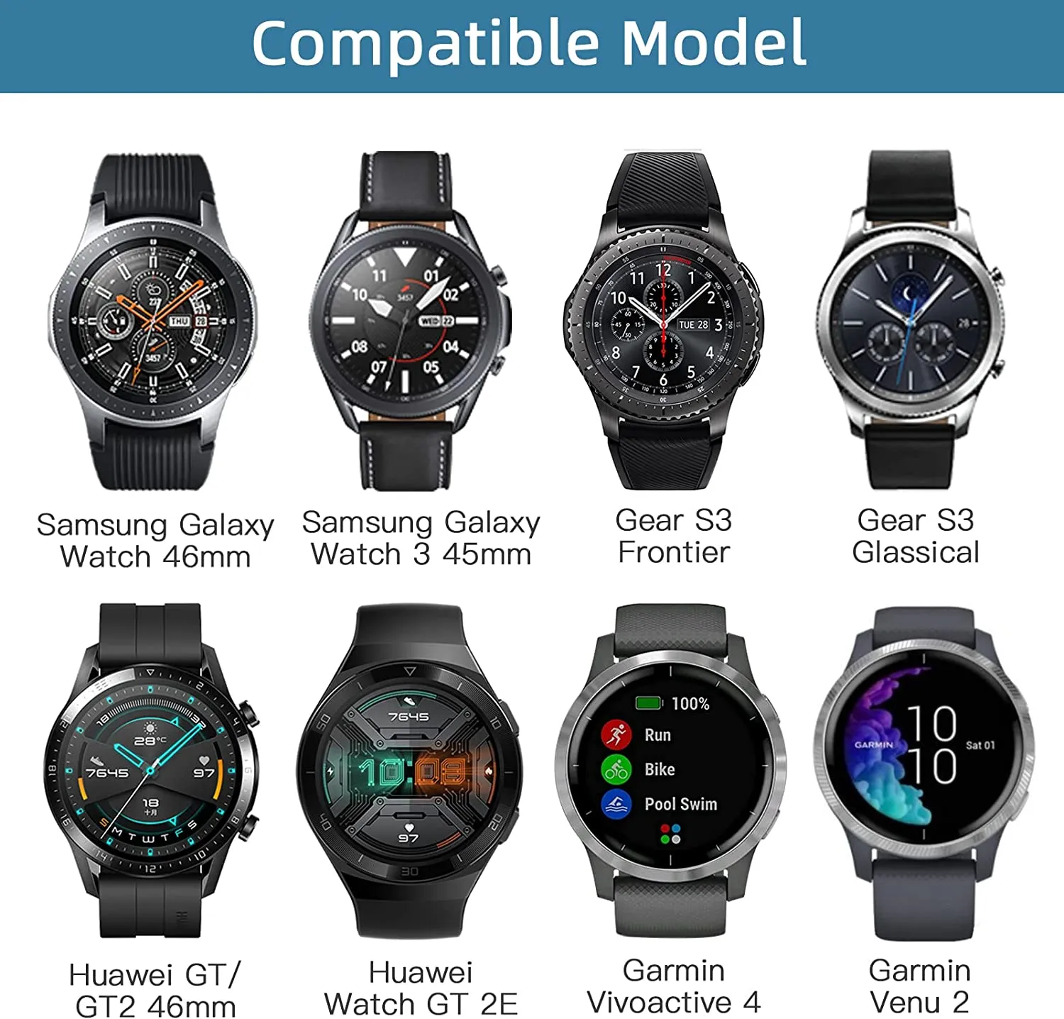 Samsung Galaxy Watch 3 45mm /46mm / Gear S3 Frontier / Classic / Watch GT 2 46mm | 22mm Soft Leather Strap | Black